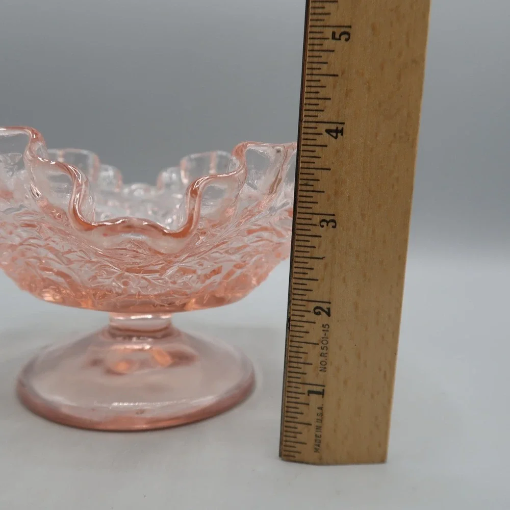 Pink Glass Pedestal Bowl Compote Ruffled 4